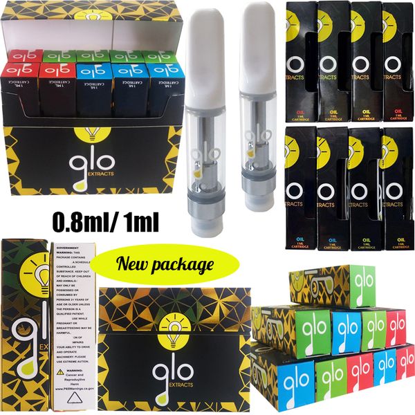 

Новые Glo Экстракты Vape Картриджи Упаковка 0,8 мл 1,0 мл Керамические Coil Vape Тележки Слейте 510 густое масло Испаритель С QR Code Форсунки