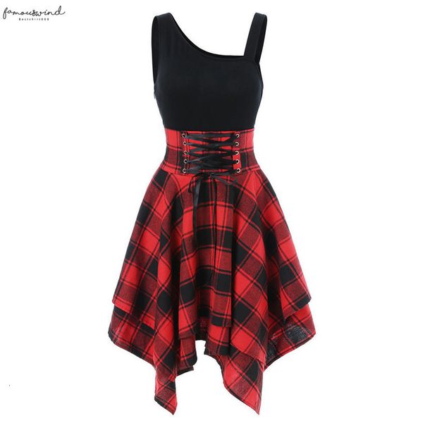 

plaid dress women summer 2020 sleeveless cold shoulder cross irregular dress elegant streetwear casual knee length vestido, Black;gray