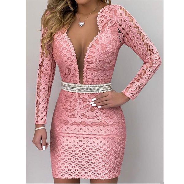 

autumn women dress long sleeve deep v-neck party dress hollow mesh lace mini bodycon pink elegant vestidos mujer, Black;gray