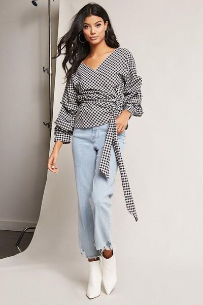 

2017 women long sleeve loose blouse casual shirt deep v-neck grid belt summer shirt blouse, White