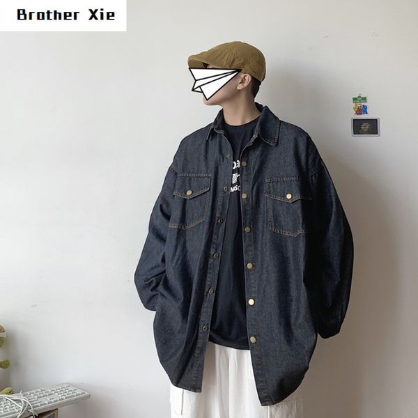 

autumn new denim shirt men fashion retro washed casual denim shirt man streetwear wild loose hip hop long-sleeved -2xl, White;black
