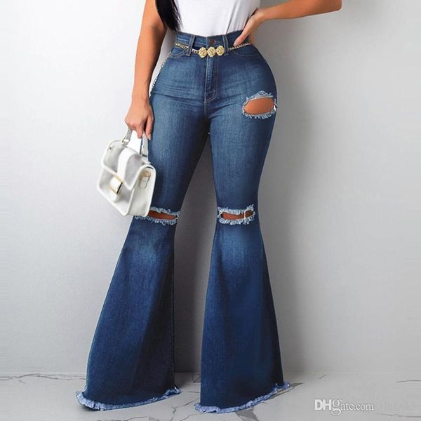 

women flares wide leg pants hole button zipper pocket jeans casual pocket jeans washed denim casual high elastic mg5, Blue