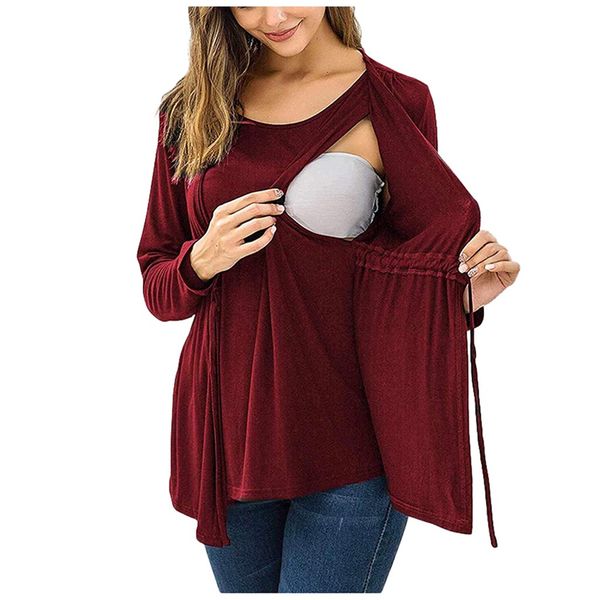 

TELOTUNY Women's Nursing Top maternity Double Layer Blouse clothes Pregnant long Sleeve solid Breastfeeding Shirt top ZA23