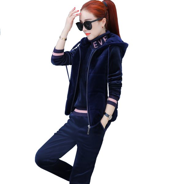 

необычные 3 шт спортивная женщин 3086a зимний теплый бархат рукавов толстовки жилет с длинным рукавом высокого шеи пуловер и бегуны штаны же, Gray