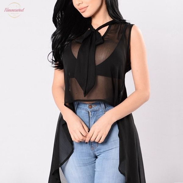

womens clothing new womens see through bowknot mesh sheer sleeveless irregular shirt blouse drop shipping, White