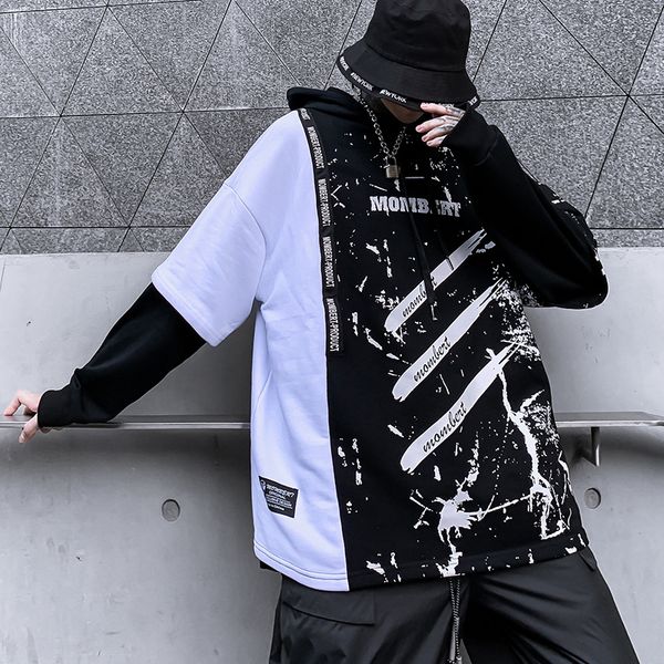 

с длинными рукавами с капюшоном свитер мужской европейский и американский хип-хоп футболки прилива бренда чернил печать сшивание балахон сви, Black