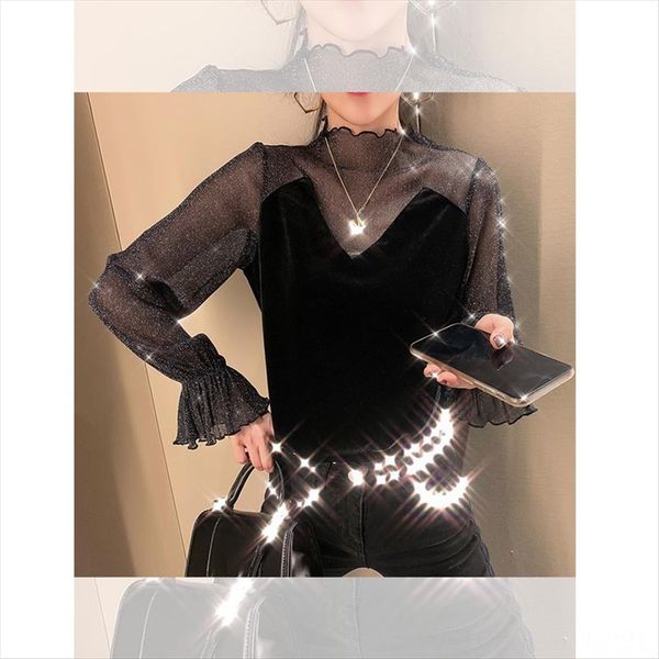 

2020 season cool style shirt horn screen loudspeaker bundy women's bright silk mesh velvet base shirt women's horn sleeve t-shirt, White