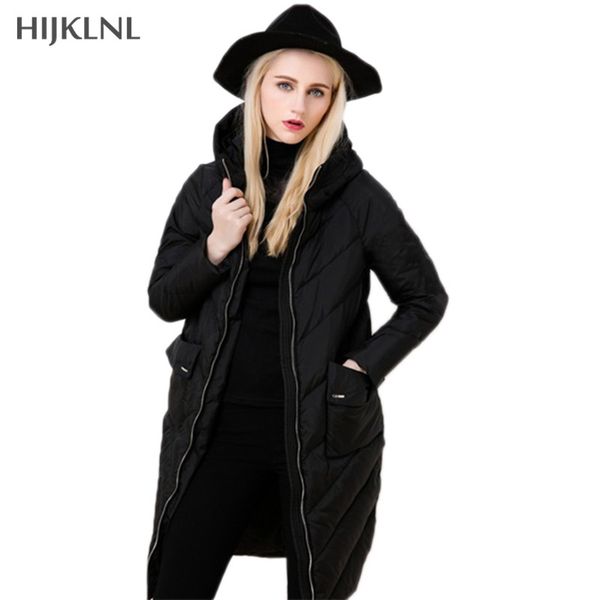 

hijklnl high-end down jacket women european and american parkas 2019 new fashion hooded down jacket slim long coat female lh1093, Black