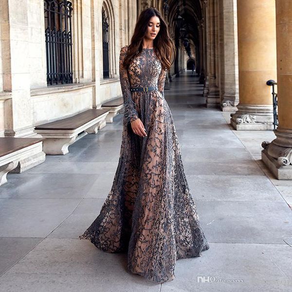 

2019 luxury beading lace evening dresses baeau neck long sleeves with feathers prom dress floor length special occasion formal party gowns, Black