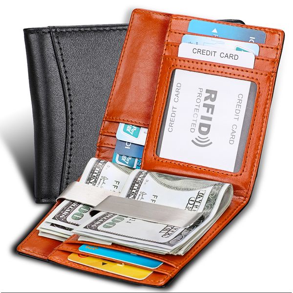 

rfid blocking genuine leather bifold purses money clipper men women business card wallet short mini clutch cowhide banknote pocket, Red;black