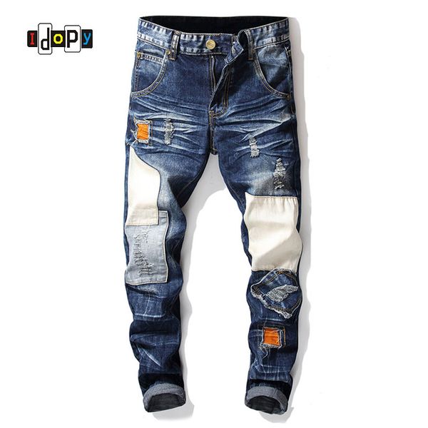 

idopy fashion mens vintage washed patckwork jeans brand designer straight fit denim pants ripped jean trousers for men, Blue