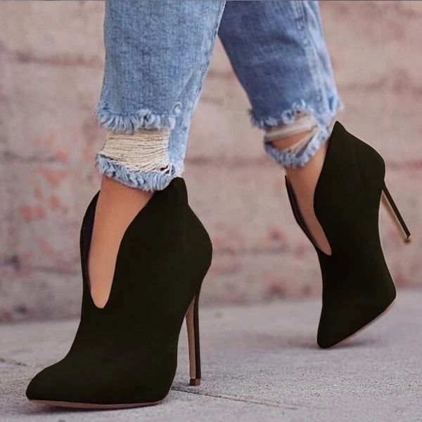 

women boots 2020 spring v-neck high heels ankle shoes boots leather booties feminina woman wedding party shoes, Black