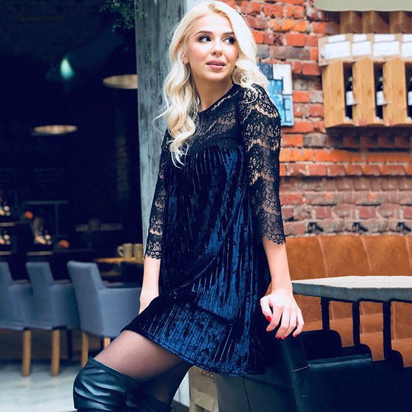 

зима сексуального платье lace лоскутной velvet весна три четверти вскользь женщины платье партии нового велюровое платье платье дизайнер оде, Black;gray