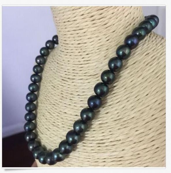 

zzz stunning 10-11mm tahitian round black green pearl necklace 18inch14k, Silver