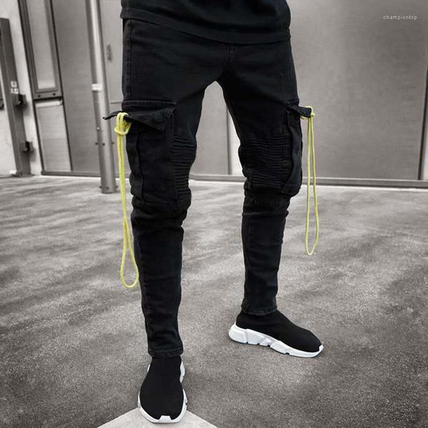 

black ripped jeans yellow designer pockets pencil pants long trousers new 19ss mens, Blue