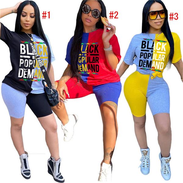

women 2 piece outfits black letters print patchwork design short sleeve o-neck tshirt shorts set street hiphop casual sportsuit d52717, Gray