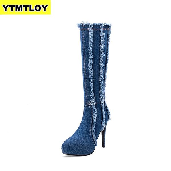 

12cm fashion women boots high heels spring autumn boots high stiletto jeans platform zip denim mid-calf knee, Black