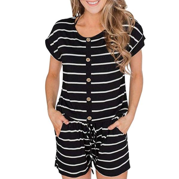 

women's summer striped jumpsuit shorts casual loose short sleeve o-neck playsuits female rompers pockets overalls plus size, Black;white