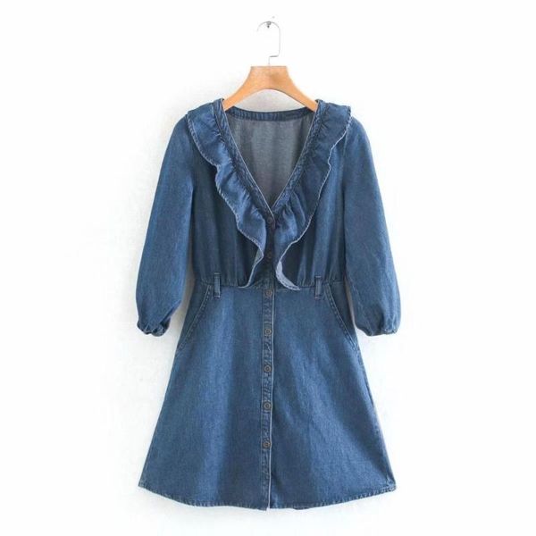 

2020 women vintage v neck ruffles denim mini dress retro three quarter sleeve vestidos femme casual slim jeans dresses ds3610, Black;gray