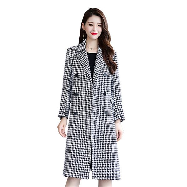 

black white plaid coat women's long spring winter woolen coat suit collar double-breasted korean jacket ladies wild windbreaker