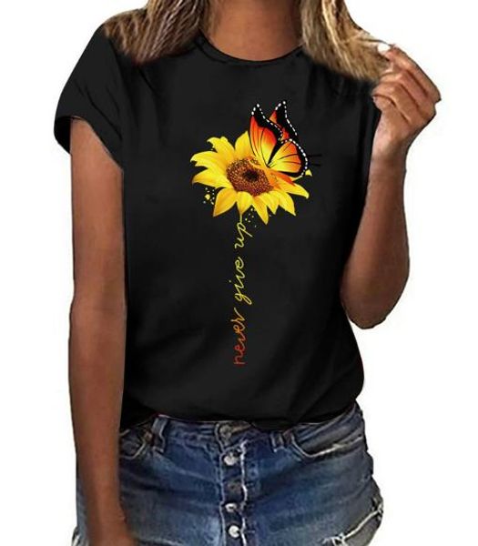 

sunflower and butterfly print womens casual t shirts fashion fresh sweet short sleeve designer womens summer clothing, White