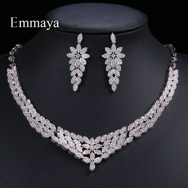 

emmaya new arrival women's zircon pendent leaves silver chain necklace earrings dinner jewelry set popular leader' choice gift
