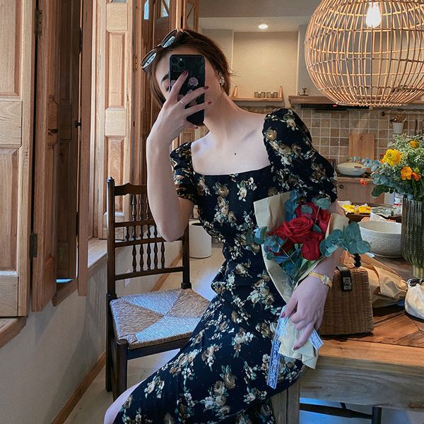 

net red 2020 summer new french square collar front split printed dress retro midi dress (with lining