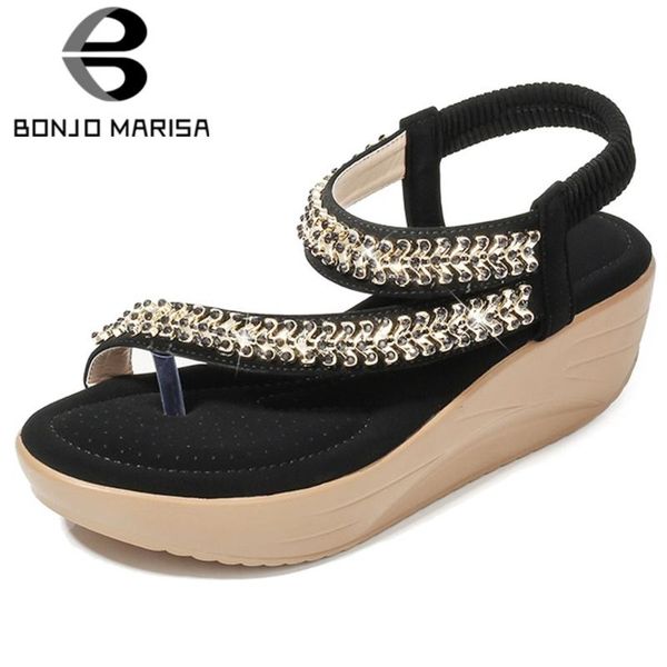 

bonjomarisa fashion lady rhinestone sandals platform high wedges back strap metal casual sandals women handmade shoes woman, Black