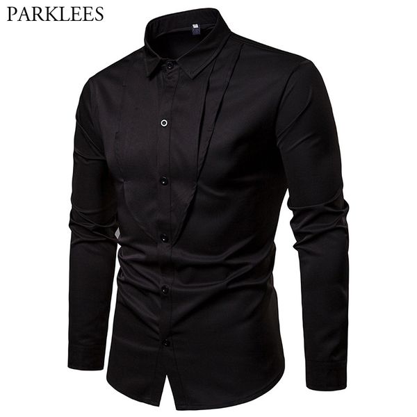 

Black Tuxedo Shirt Men 2019 Spring New Long Sleeve Mens Dress Shirts Slim Fit Business Work Social Shirt Male Chemise Homme 2XL