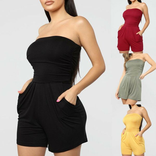 

fashion women's short jumpsuit sleeveless solid color tube halter casual bodysuit women summer beach party combinaison femme, Black;white