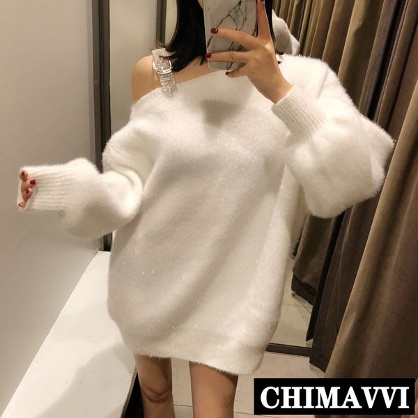 

new autumn and winter women's medium long sweaters diamond leaky shoulder loose white knitted shirt loose knitwear, White;black