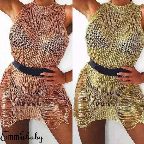 

summer women ladies sleeveless hollow out see through beach holiday bathing club casual slim bikini cover ups mini dress