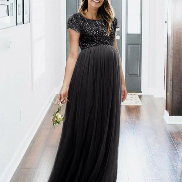 

new ladies solid cocktail party sequin mesh maternity pgraphy art long maxi gown dress, Black;gray