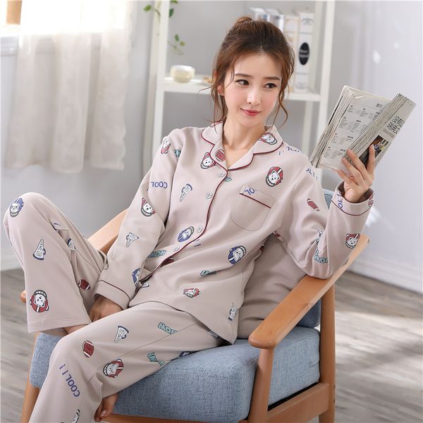 

ms cartoon lapel long sleeve knit pajamas spring, Blue;gray