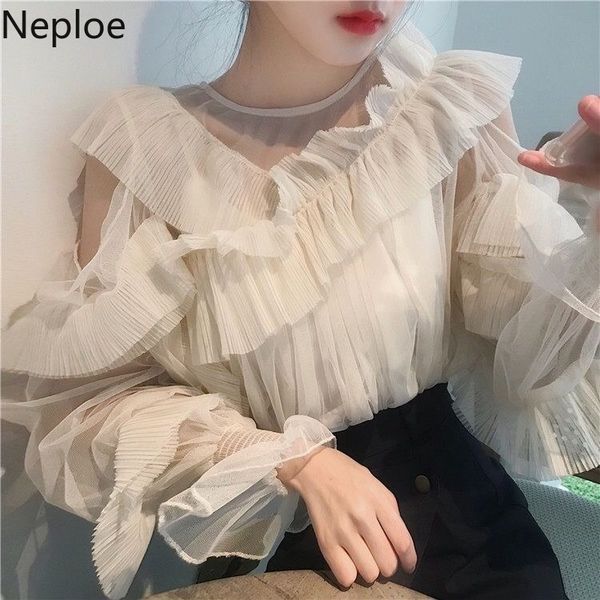 

neploe women fashion ruched ruffles shirts hollow sheer chiffon female 2020 new elegant femininas korean mesh blouses 1a498, White