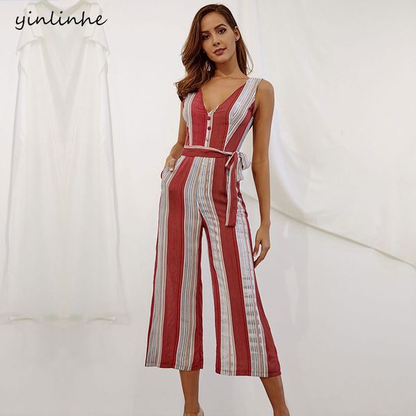 

yinlinhe red striped jumpsuit women rompers wide leg v neck button elegant high waist boho summer loose overalls women 872, Black;white