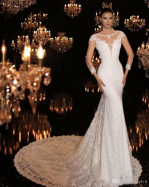 

mermaid lace sheer long sleeve luxury beach corset wedding dresses bling long train 2019 new robe de mariée bridal gown with full beads h018, White