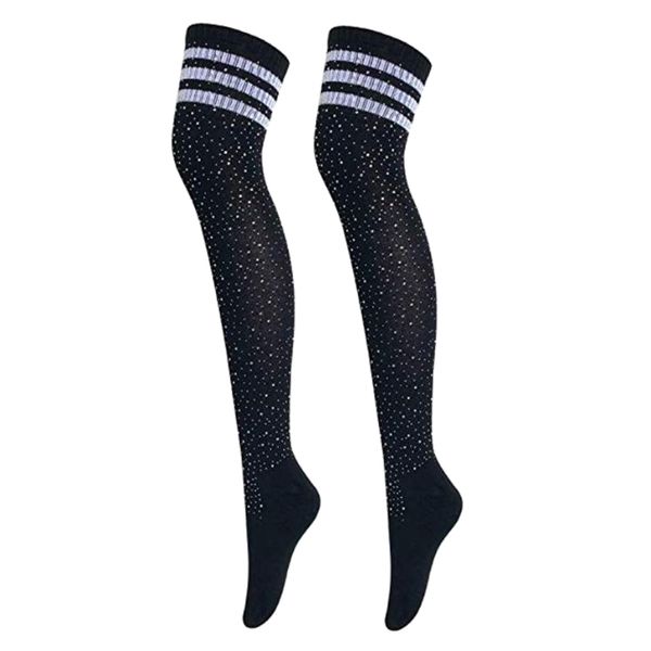 

womens sparkle rhinestone over knee high socks long casual stripe stockings, Black;white