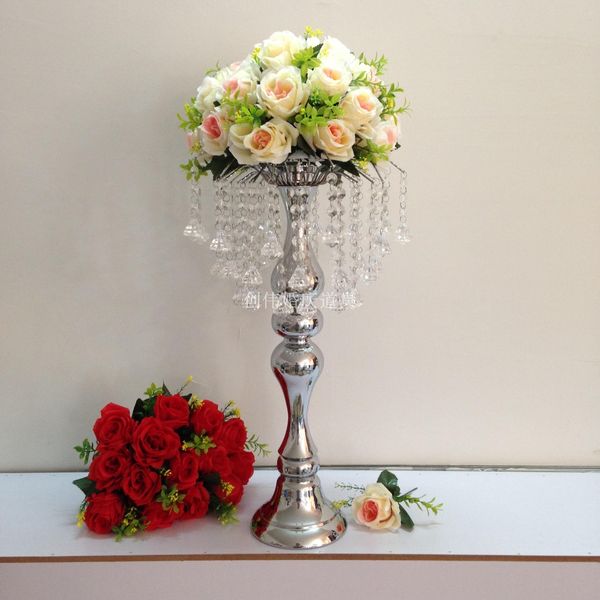 

58cm tall silver metal flower vase flower stand with crystal beads stands table centerpiece wedding decoration