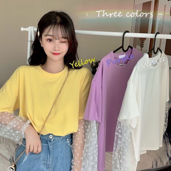 

2020 short-sleeved 's stitching design little daisy mesh loose long-sleeved t-shirt 2020 short-sleeved women 's stitching design l, White