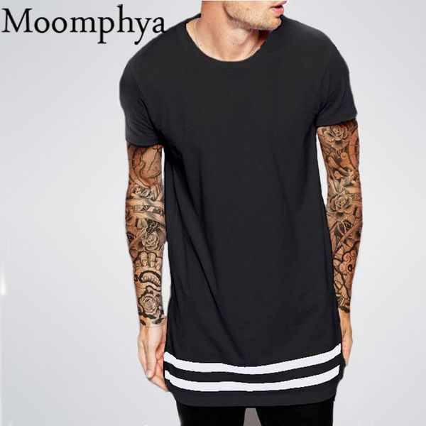

streetwear men extended longline hipster t shirt men stripes t shirt homme long line t shirt with striped hem, White;black