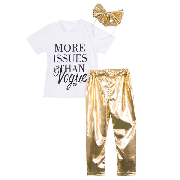 

newborn baby girl short sleeve letter t-shirt +gold elastic pants clothes outfit headband 0-24m, White