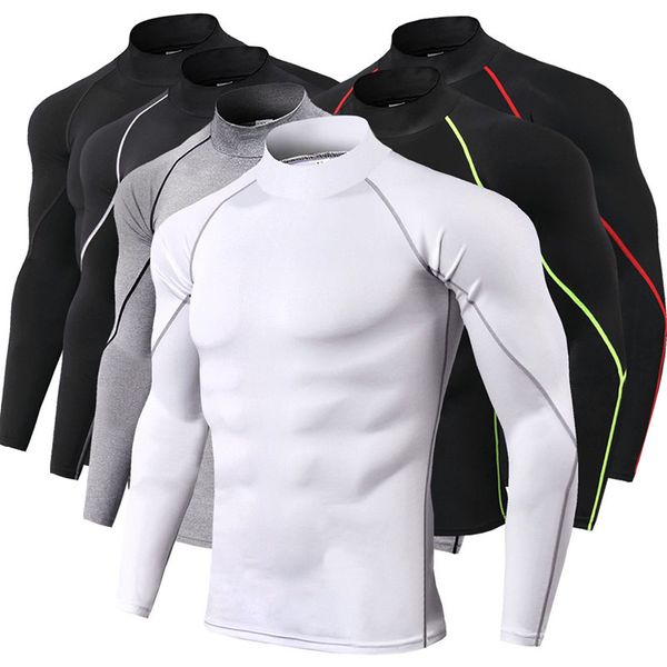 

men sports t-shirts high collar fitness running tight high elastic long sleeve muscle gym jersey designer bodybuildin pullover 05, White;black