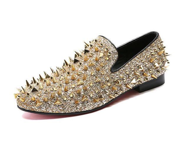 

men male slip on rivets leather shoes fashion gold spiked loafers shoes men bling sequins banque wedding shoes, Black