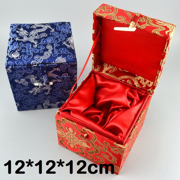 Square Craft Soft Chinese Wood Box Gift Packaging Cube Storage Box Luxury Silk Brocade Jewelry Trinket Gemstone Collection Box 12x12x12 cm