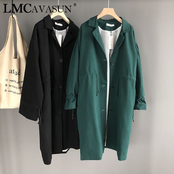 

lmcavasun autumn women long jackets solid full sleeve turn-down collar lace up pocket female green black loose coat trenchcoat, Tan;black