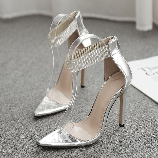 

women zip sandals ladies high heels woman crystal elegant transparent shoes female open toe thin heel ladies footwear plus size, Black