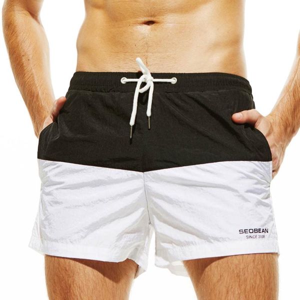 

men's swim trunks mesh lining beach shorts with pockets patchwork dry fit swimwear surf board trunk low waist short bain homme