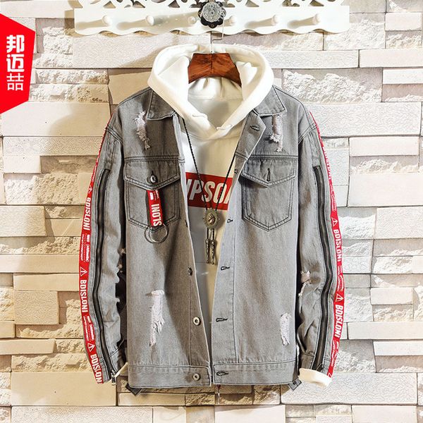 

fashion denim jacket men's casual bomber jackets epaulet hole patchwork men's jackets autumn hi-street washed ribbon streetwear c, Black;brown