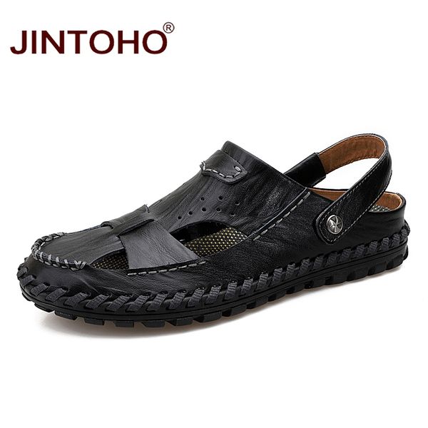 

jintoho big size brand men genuine leather sandals breathable comfortable summer shoes fashion flat male sandals, Black